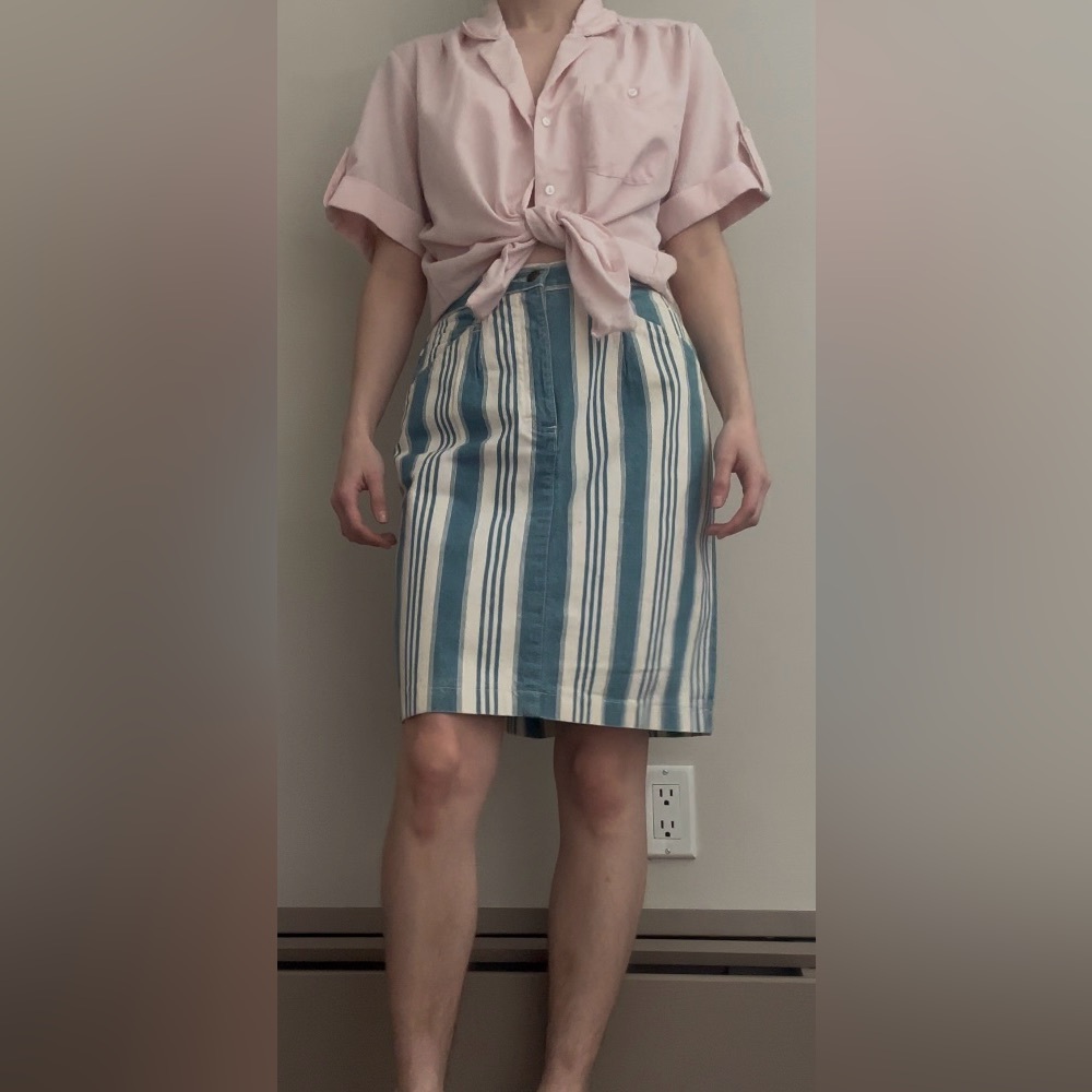 Vintage Striped Blue and White Knee-Length Denim Skirt